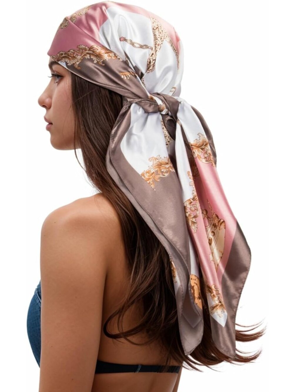 Womens Pink Grey Printed Square Scarf Bandanas Hair Scarf 35 Inches
